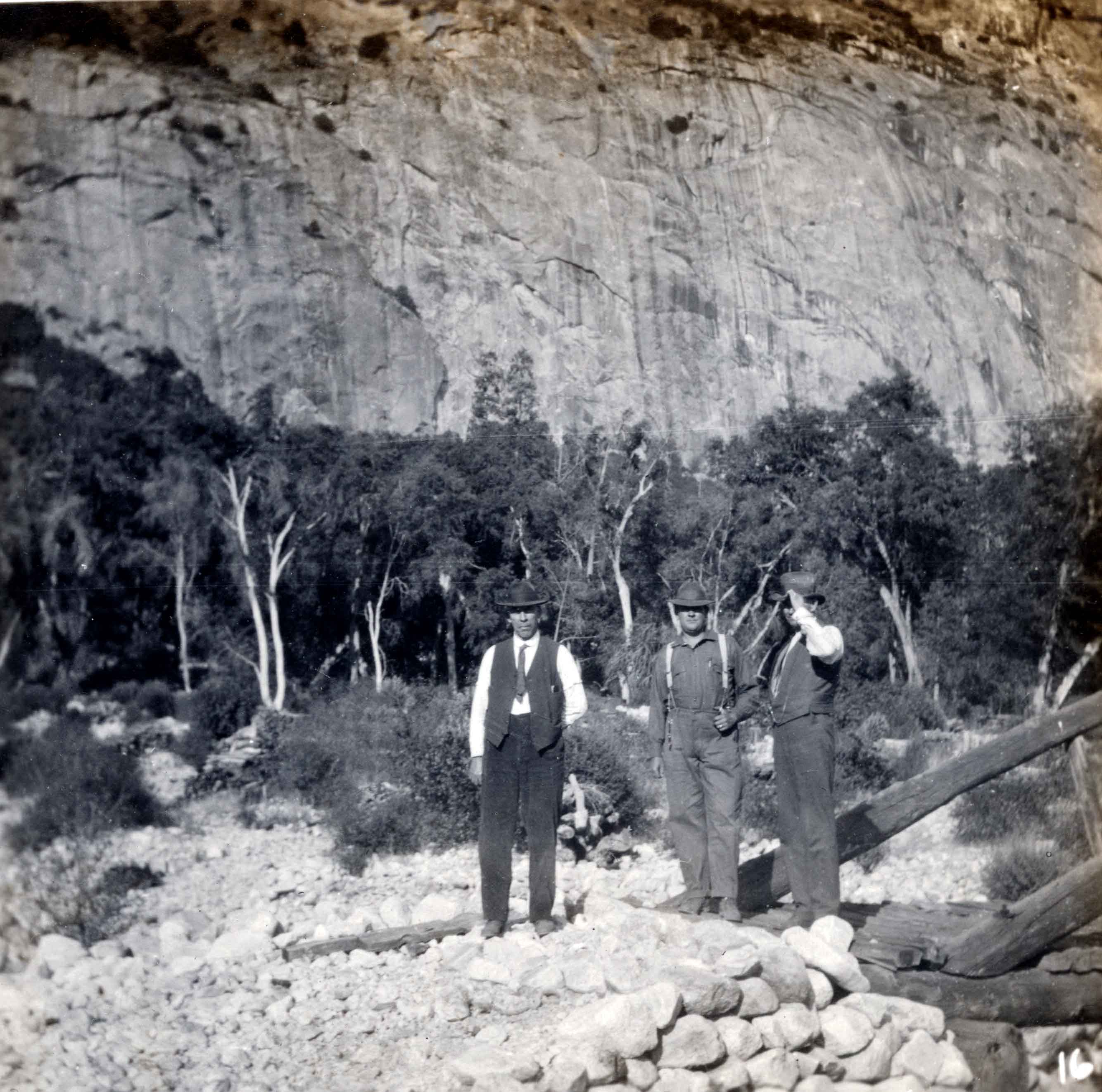 Image of Engineer Barlow, McAfee and E.O. Wattis on proposed gravel quarry, base of Falls Creek. Courtesy of the University of California, Berkeley, Bancroft Library.