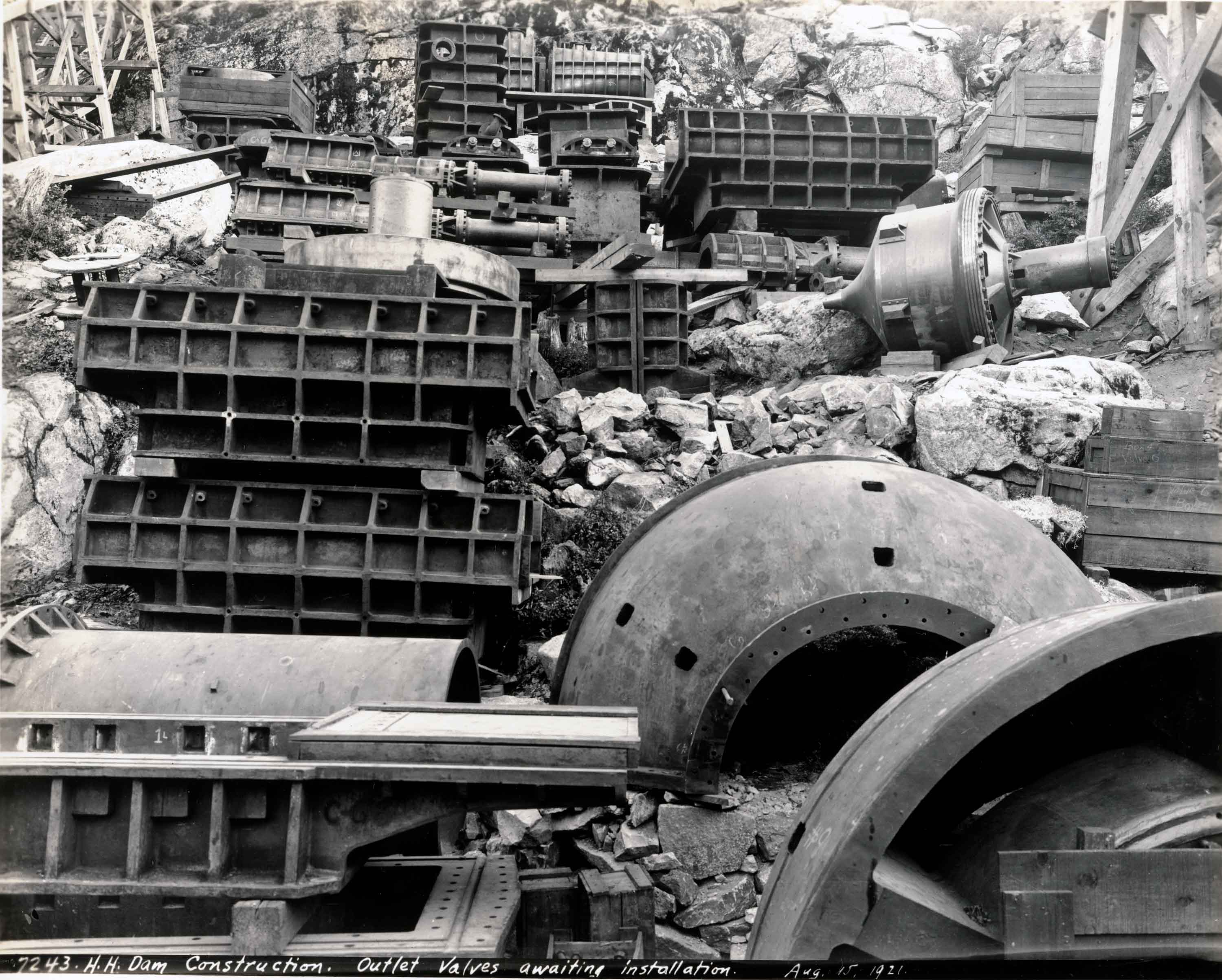 Outlet valves awaiting installation, August 15, 1921. Courtesy of the University of California, Berkeley, Bancroft Library.